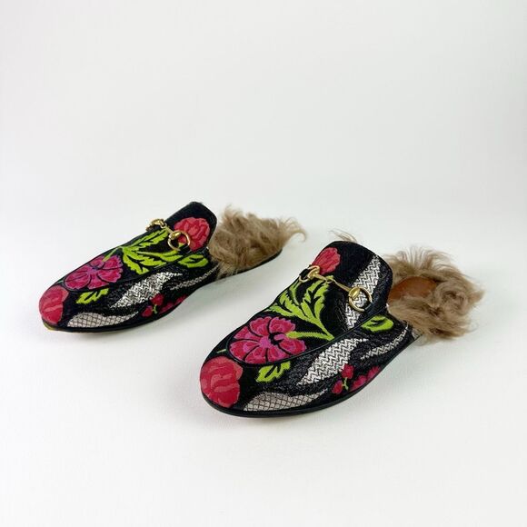 Gucci Shoes - GUCCI Floral Princetown Jacquard Fur Mule Size 38.5 Horsebit Slip Loafer Slipper